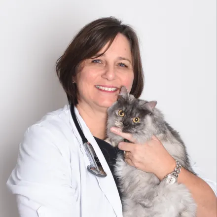 Dr. Linda George holding a fluffy grey cat.